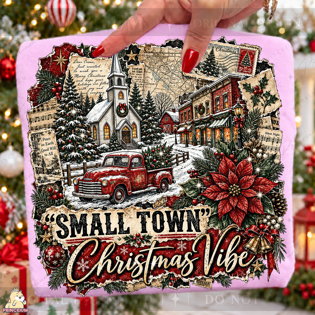 Small Town Christmas Vibe PNG Vintage Red Truck & Snowy Village Holiday Design