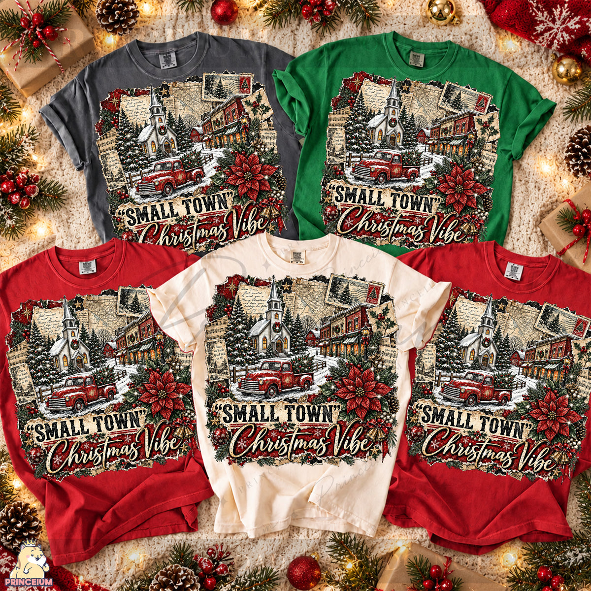 Small Town Christmas Vibe PNG Vintage Red Truck & Snowy Village Holiday Design