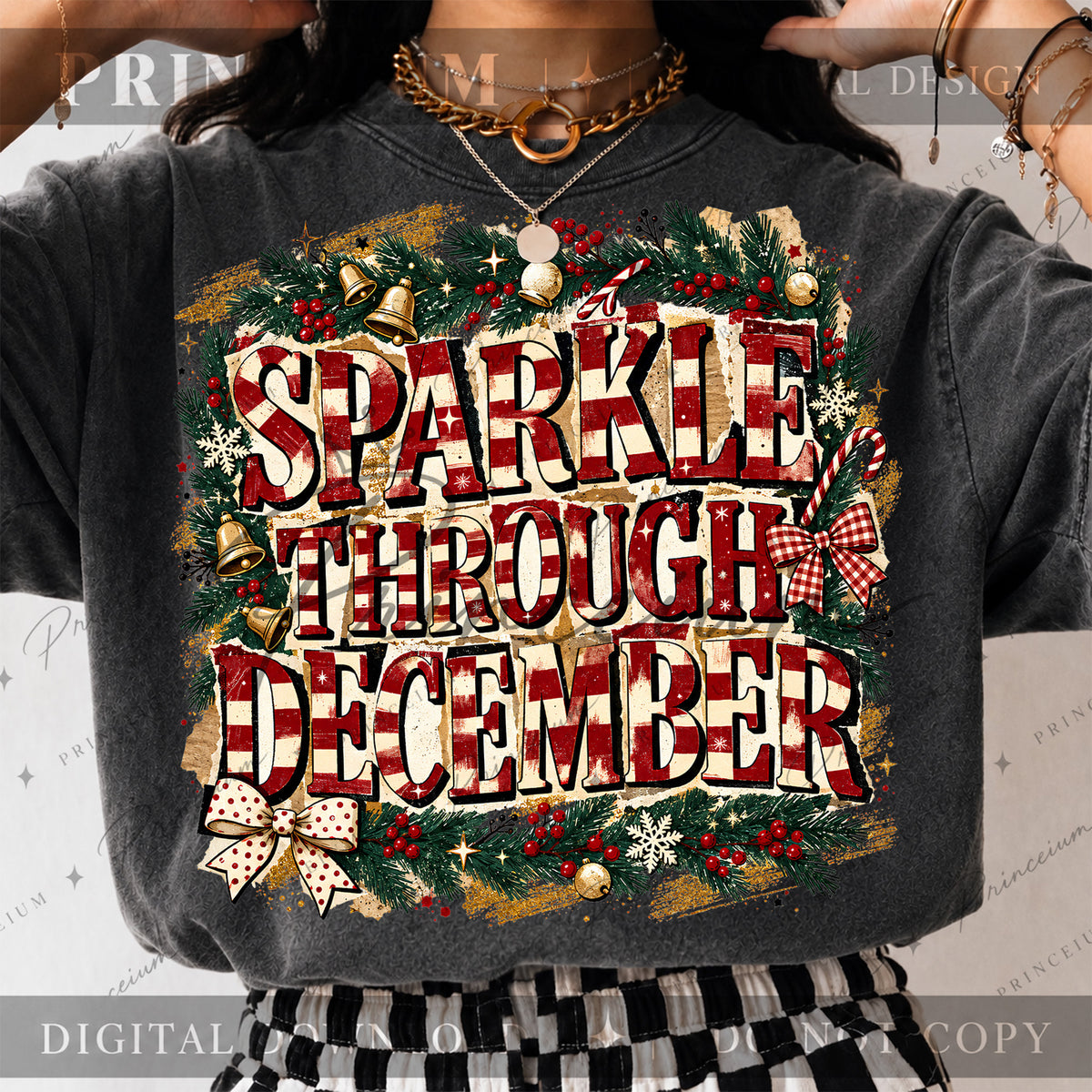 Sparkle Through December Christmas PNG Striped Lettering & Bows Vintage Holiday Design
