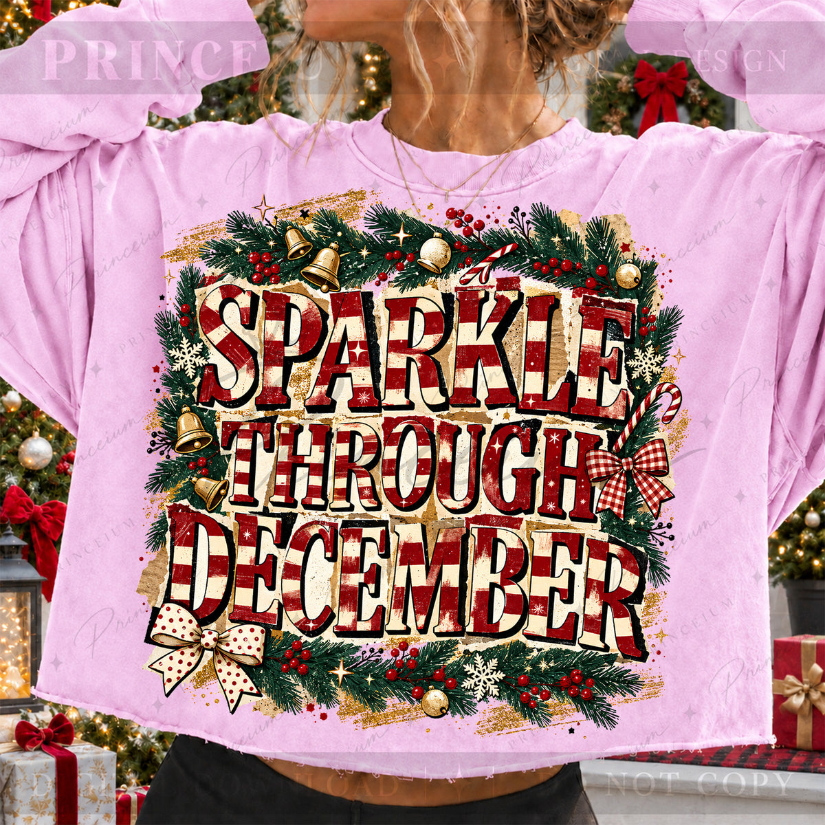 Sparkle Through December Christmas PNG Striped Lettering & Bows Vintage Holiday Design
