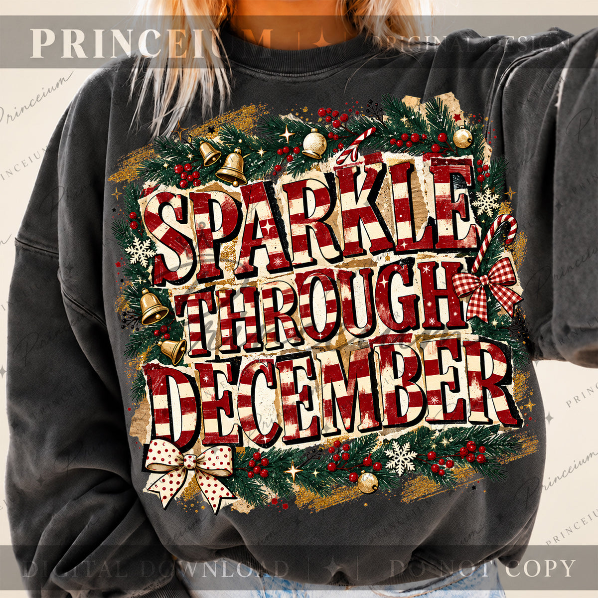 Sparkle Through December Christmas PNG Striped Lettering & Bows Vintage Holiday Design