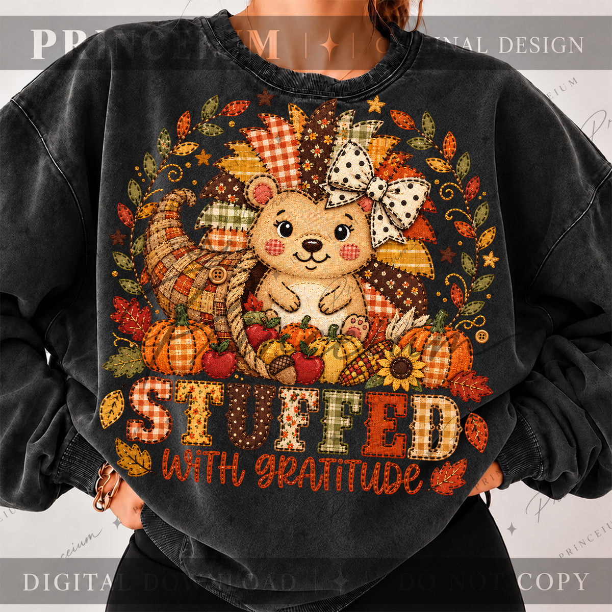 Stuffed with Gratitude PNG Faux Embroidery Thanksgiving Teddy Bear Design