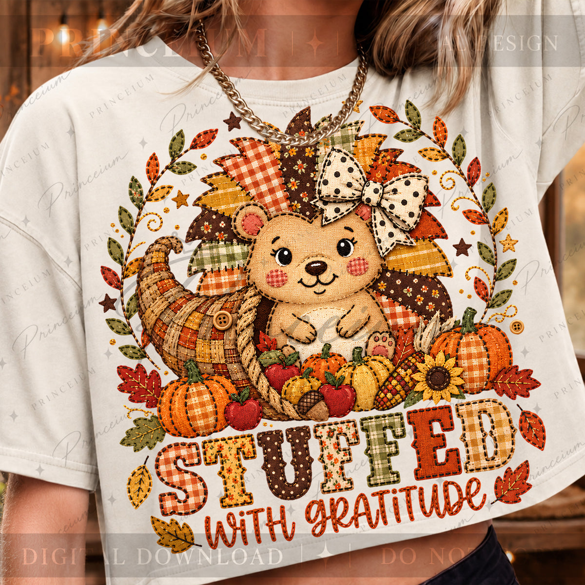 Stuffed with Gratitude PNG Faux Embroidery Thanksgiving Teddy Bear Design