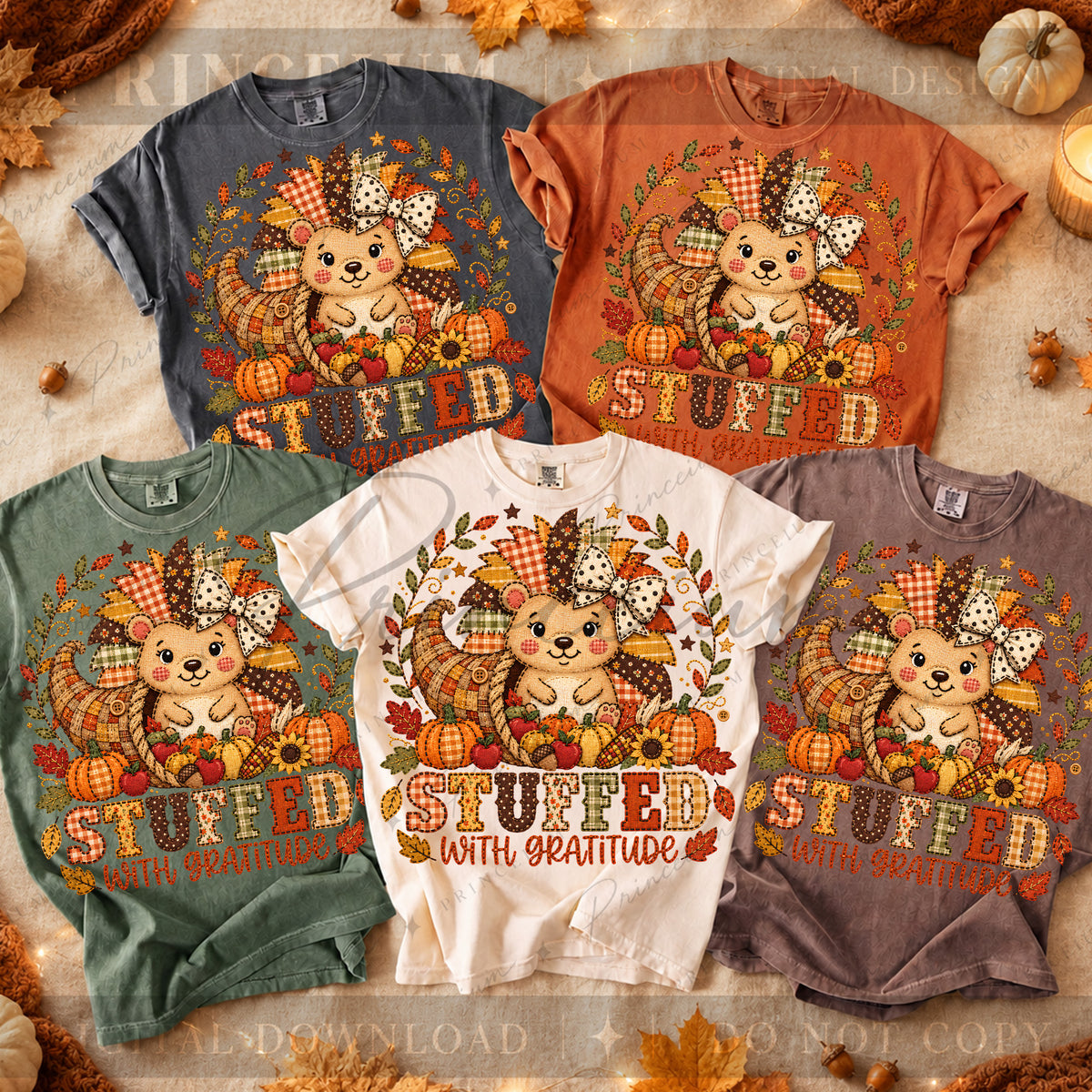 Stuffed with Gratitude PNG Faux Embroidery Thanksgiving Teddy Bear Design