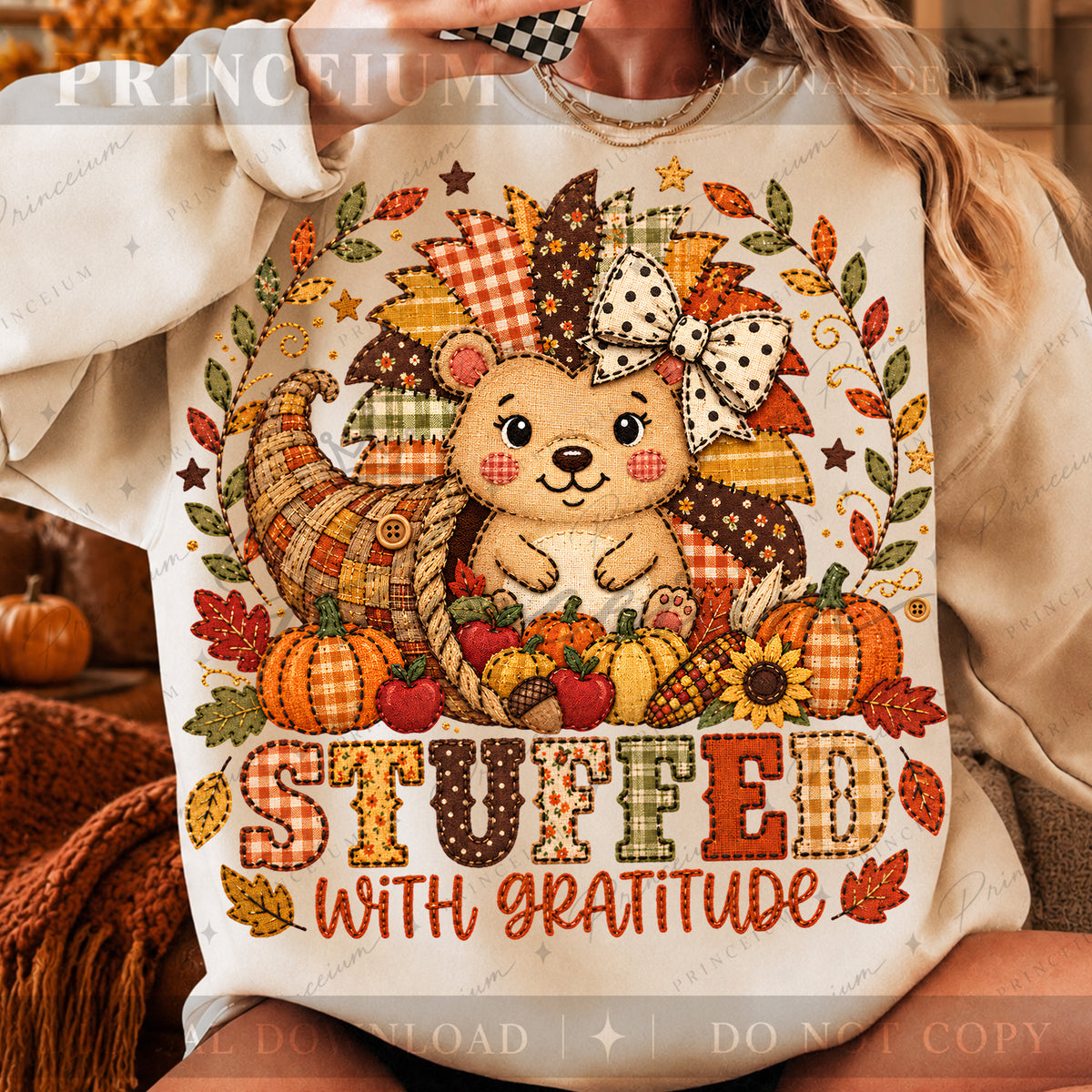 Stuffed with Gratitude PNG Faux Embroidery Thanksgiving Teddy Bear Design