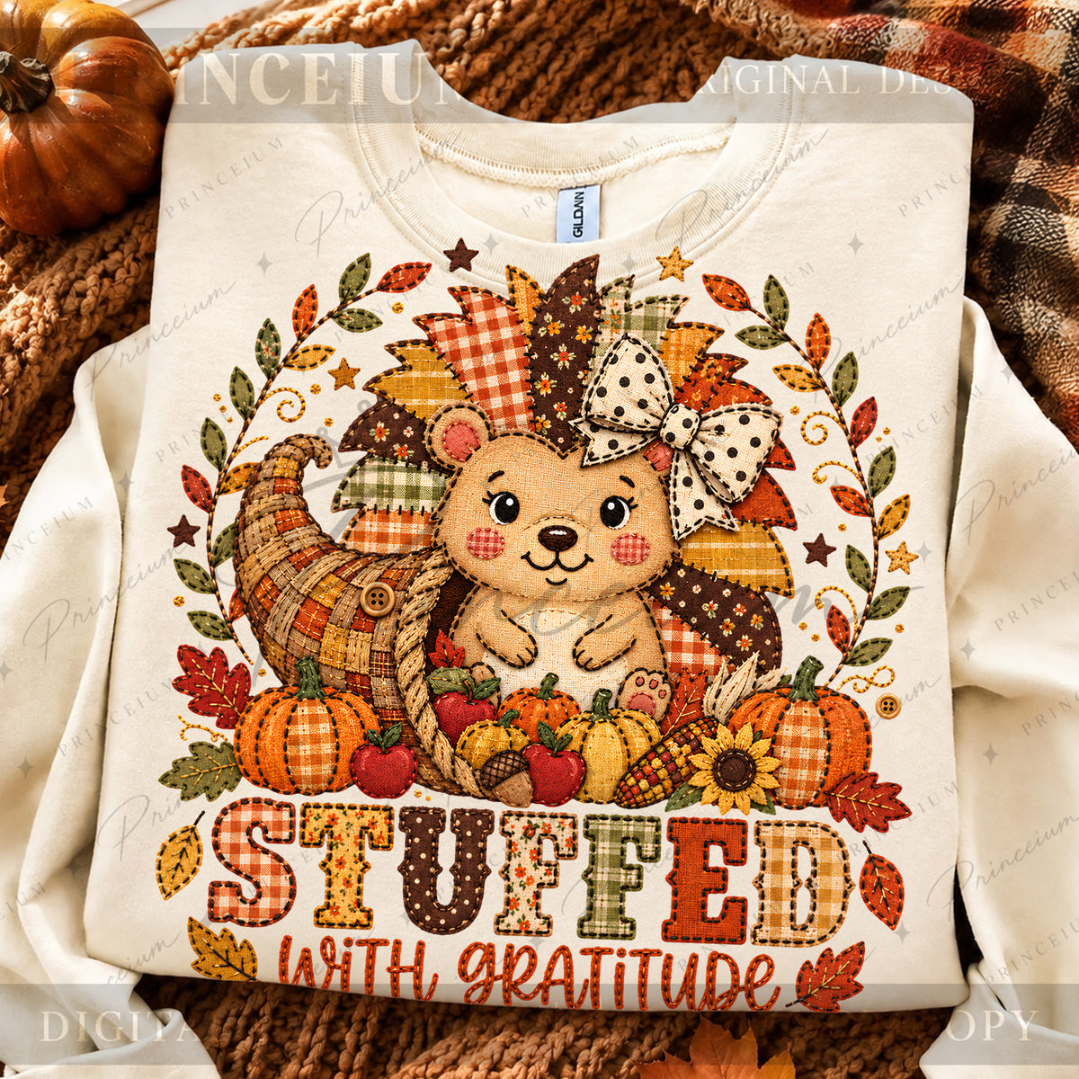 Stuffed with Gratitude PNG Faux Embroidery Thanksgiving Teddy Bear Design