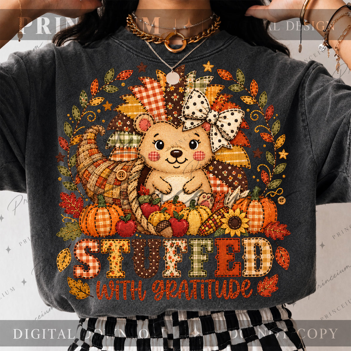 Stuffed with Gratitude PNG Faux Embroidery Thanksgiving Teddy Bear Design