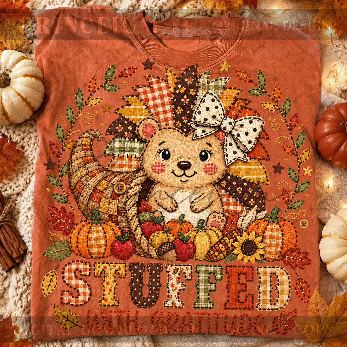 Stuffed with Gratitude PNG Faux Embroidery Thanksgiving Teddy Bear Design