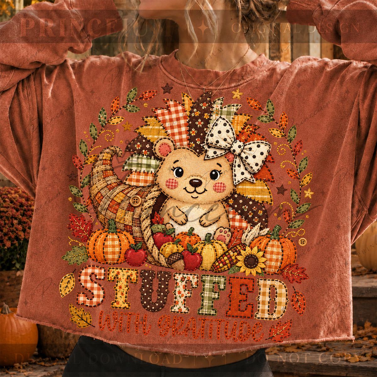 Stuffed with Gratitude PNG Faux Embroidery Thanksgiving Teddy Bear Design