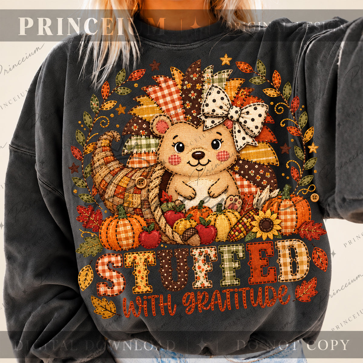 Stuffed with Gratitude PNG Faux Embroidery Thanksgiving Teddy Bear Design
