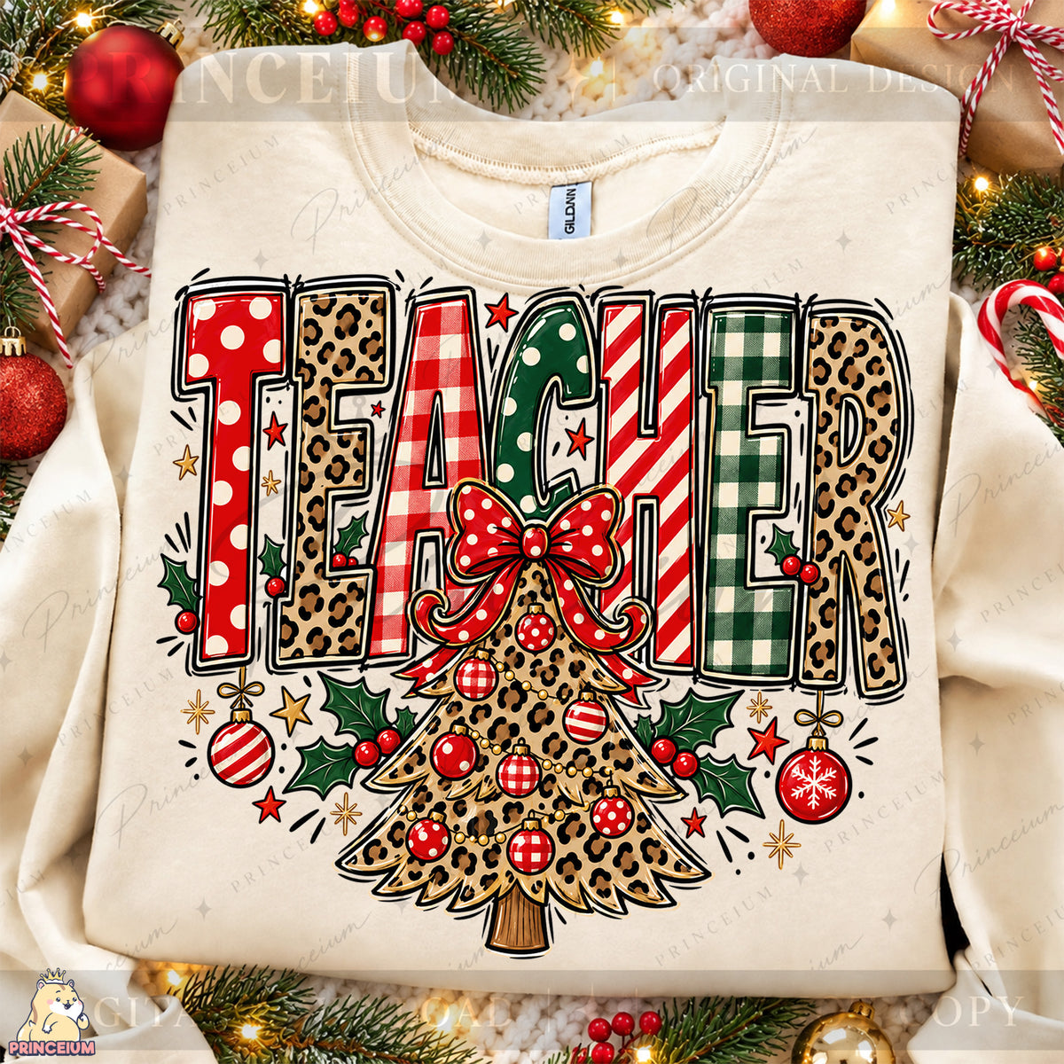 Teacher Christmas PNG Leopard Tree & Bow Festive Holiday Design