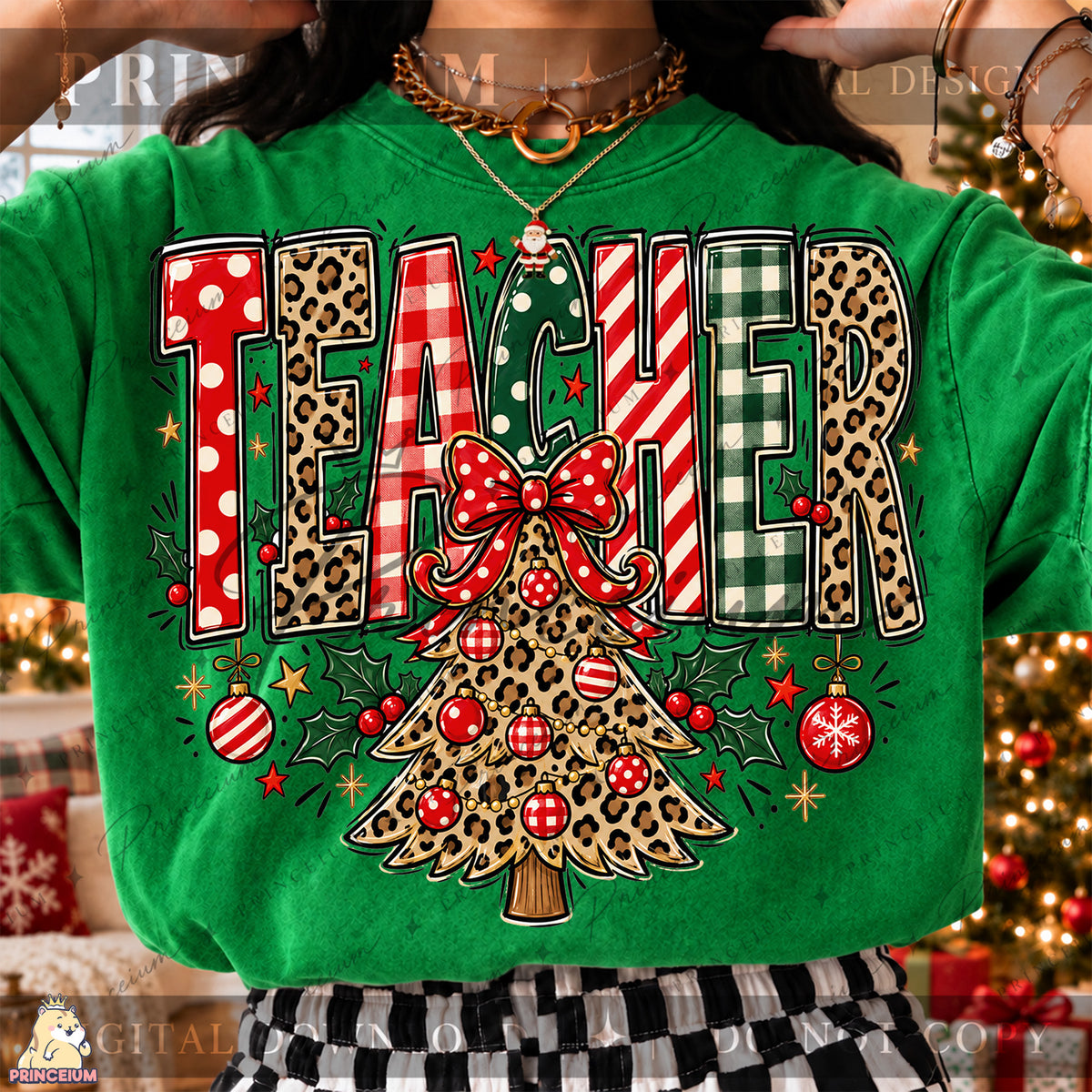 Teacher Christmas PNG Leopard Tree & Bow Festive Holiday Design