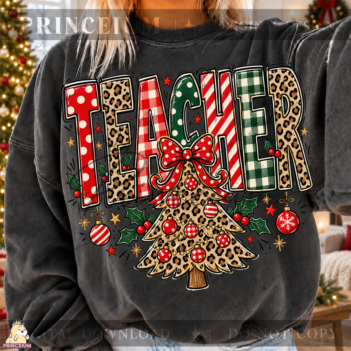 Teacher Christmas PNG Leopard Tree & Bow Festive Holiday Design