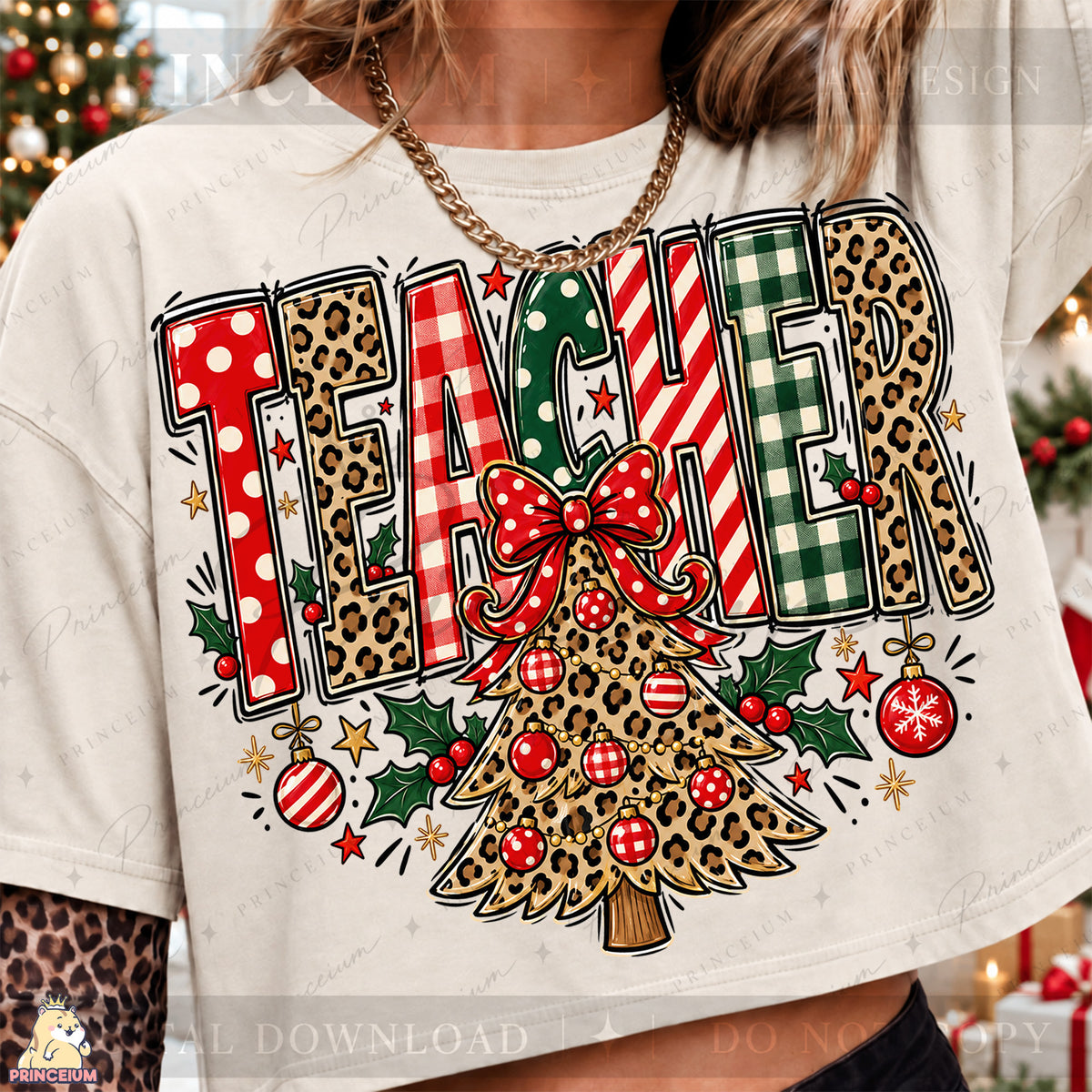 Teacher Christmas PNG Leopard Tree & Bow Festive Holiday Design