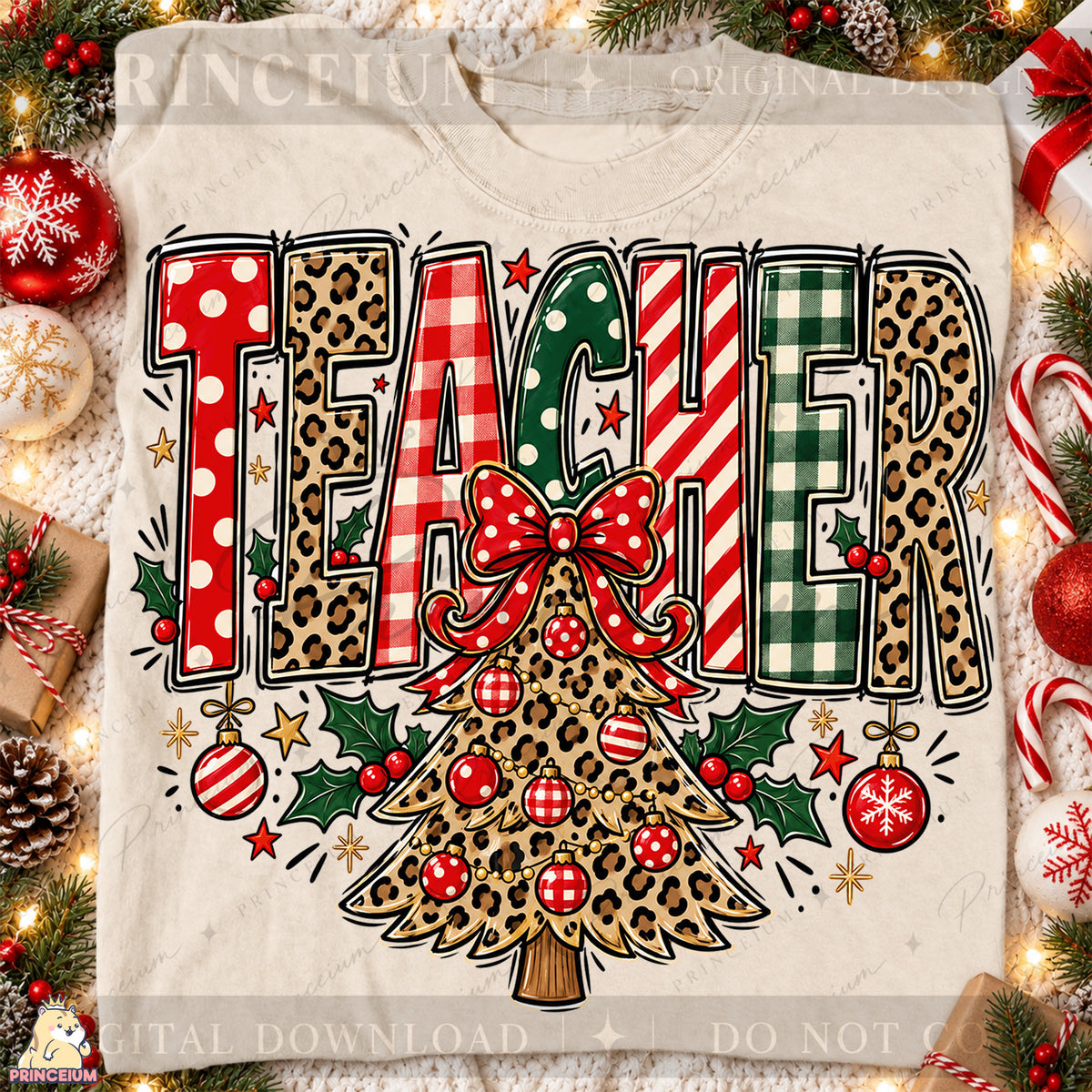 Teacher Christmas PNG Leopard Tree & Bow Festive Holiday Design