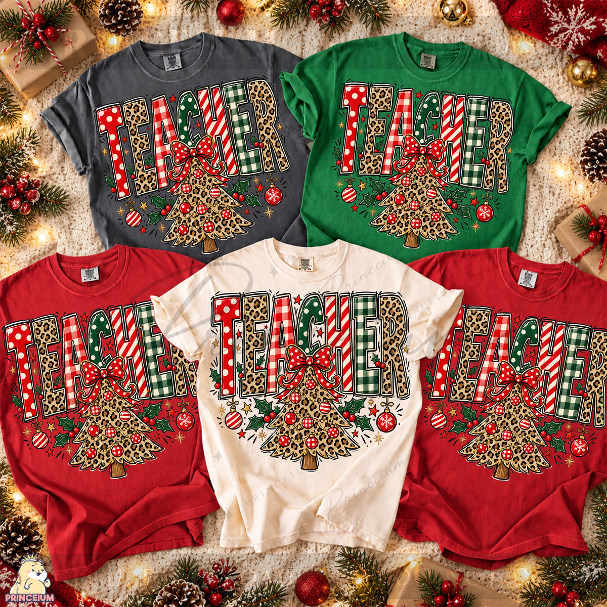 Teacher Christmas PNG Leopard Tree & Bow Festive Holiday Design