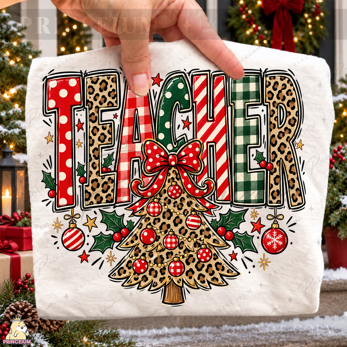 Teacher Christmas PNG Leopard Tree & Bow Festive Holiday Design
