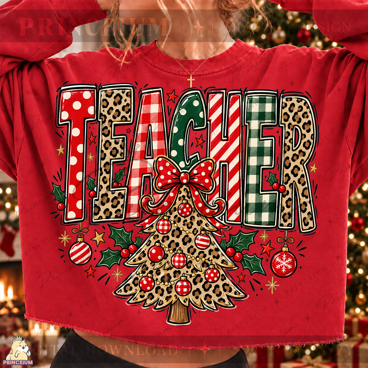 Teacher Christmas PNG Leopard Tree & Bow Festive Holiday Design