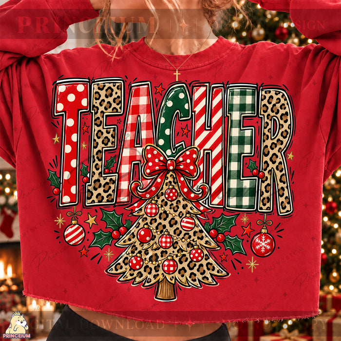 Teacher Christmas PNG Leopard Tree & Bow Festive Holiday Design