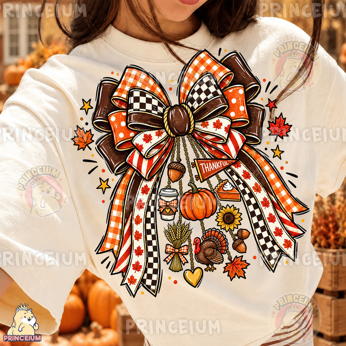 Thankful Bow PNG Preppy Thanksgiving Turkey & Pumpkin Design