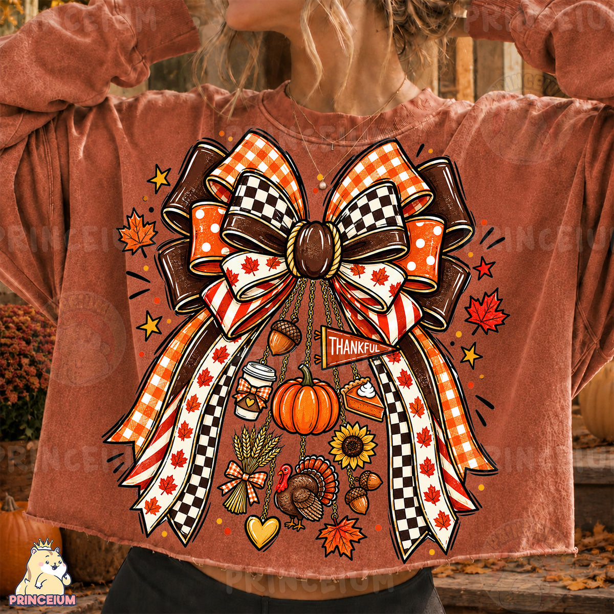 Thankful Bow PNG Preppy Thanksgiving Turkey & Pumpkin Design