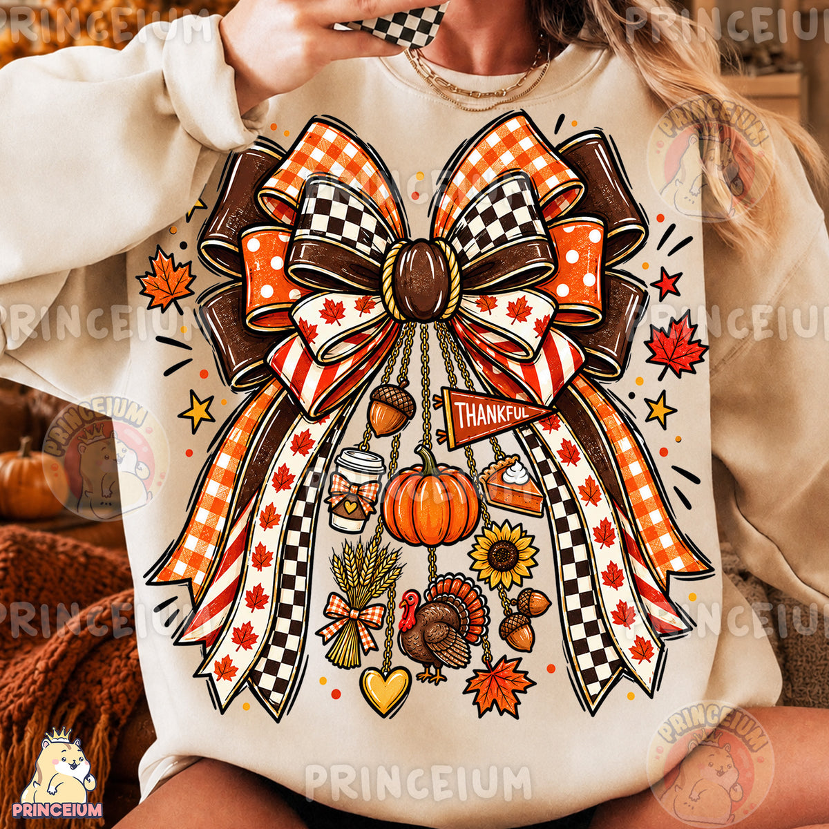 Thankful Bow PNG Preppy Thanksgiving Turkey & Pumpkin Design