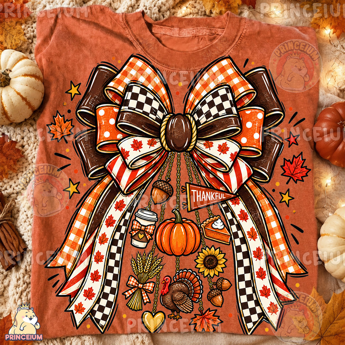 Thankful Bow PNG Preppy Thanksgiving Turkey & Pumpkin Design