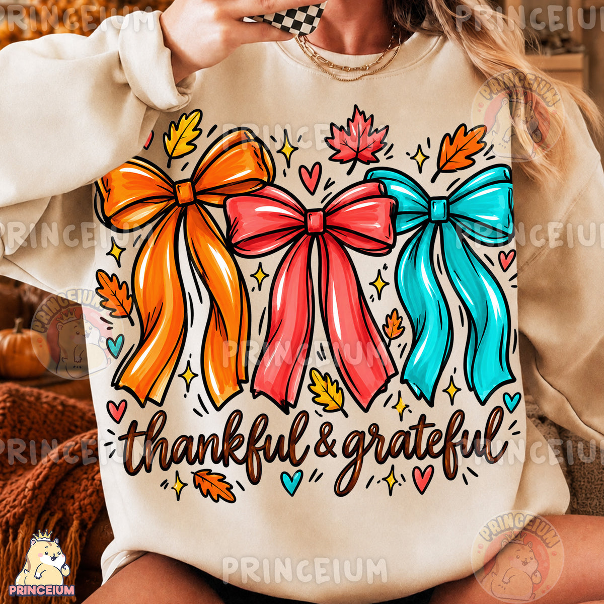 Thankful & Grateful PNG Preppy Fall Bows Thanksgiving Design