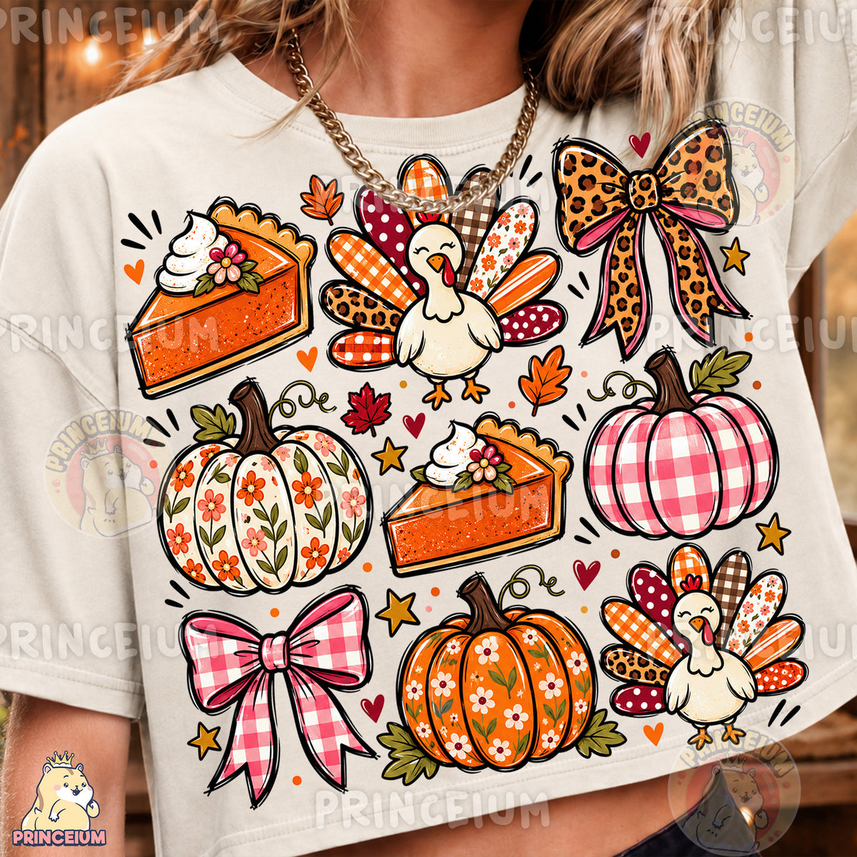 Thanksgiving Turkey & Pumpkin PNG Preppy Bows and Pie Design