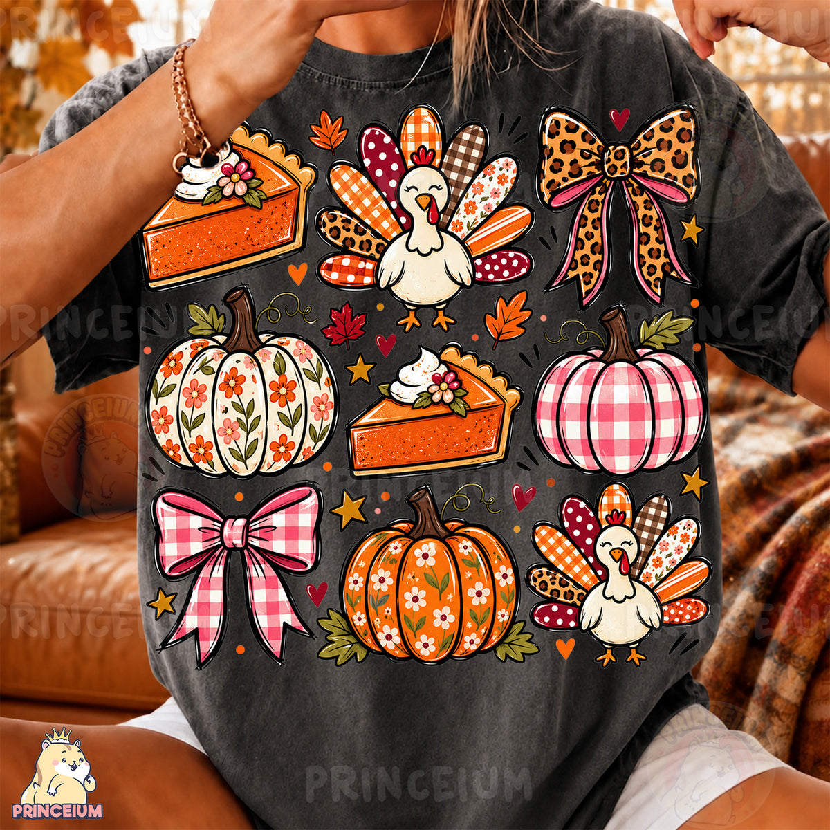 Thanksgiving Turkey & Pumpkin PNG Preppy Bows and Pie Design