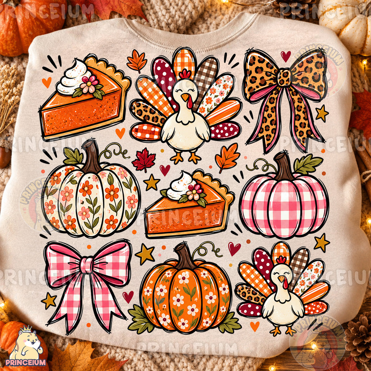 Thanksgiving Turkey & Pumpkin PNG Preppy Bows and Pie Design