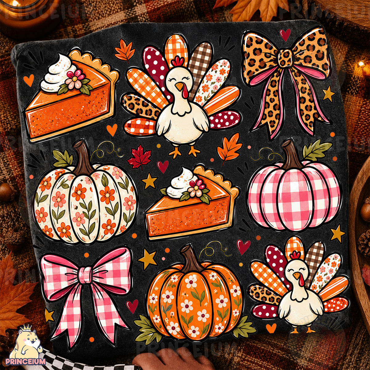 Thanksgiving Turkey & Pumpkin PNG Preppy Bows and Pie Design