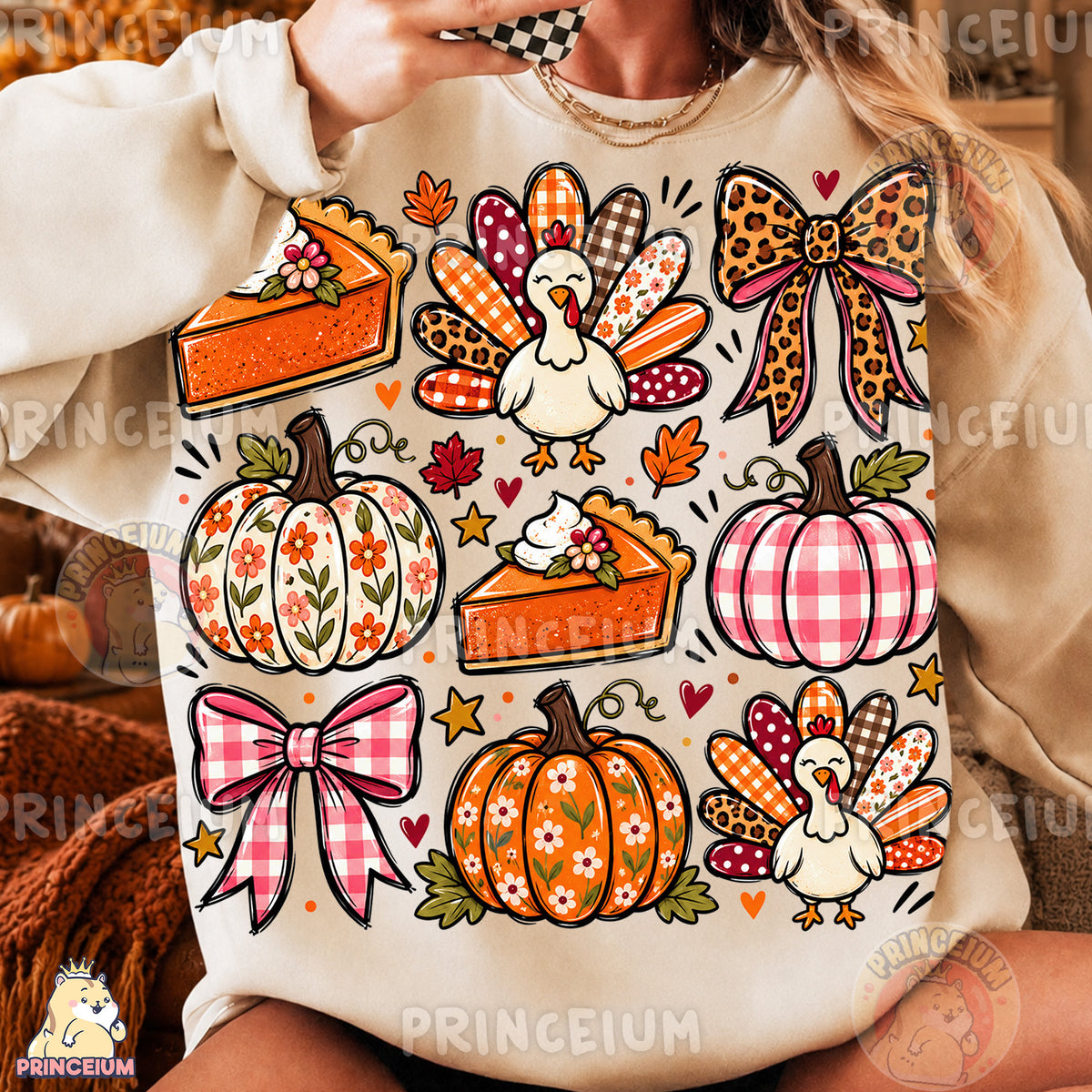 Thanksgiving Turkey & Pumpkin PNG Preppy Bows and Pie Design