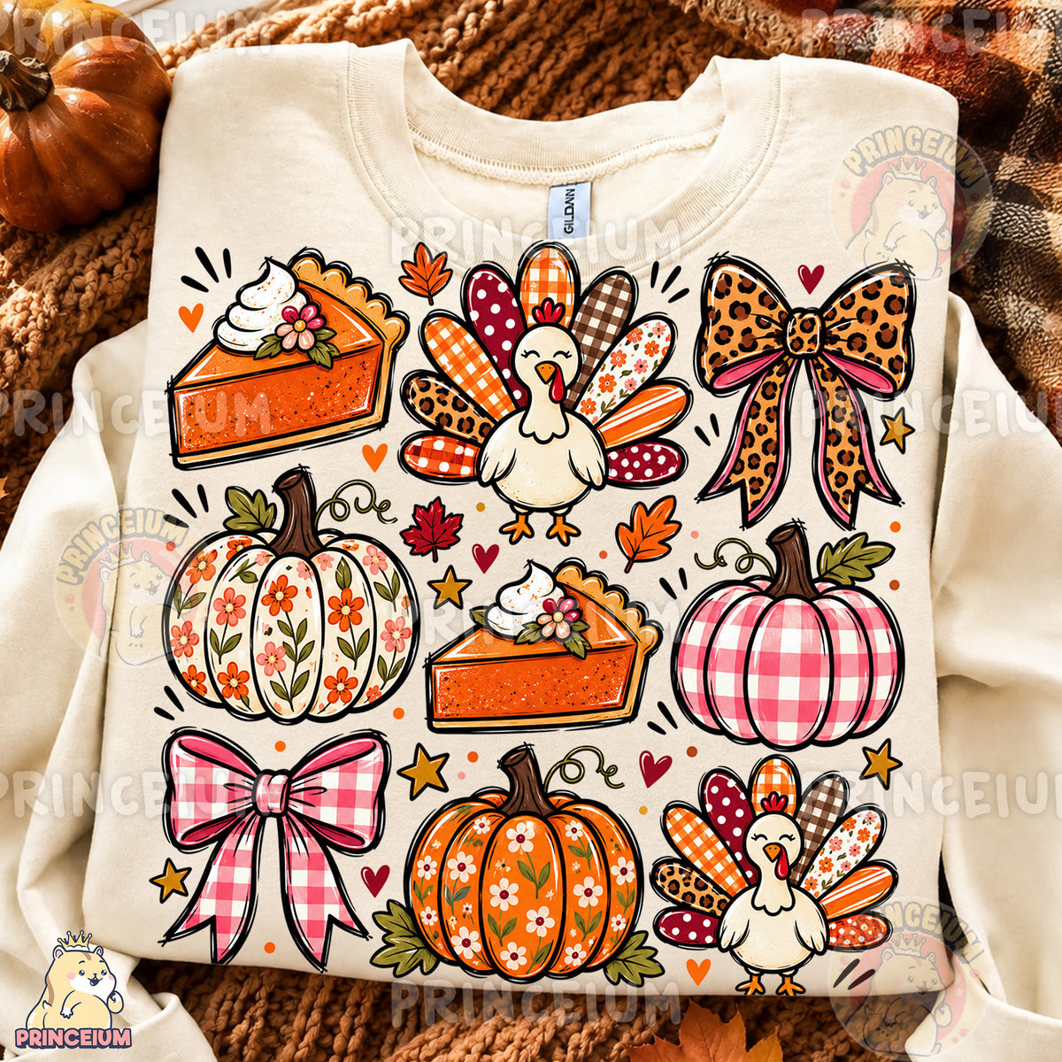 Thanksgiving Turkey & Pumpkin PNG Preppy Bows and Pie Design