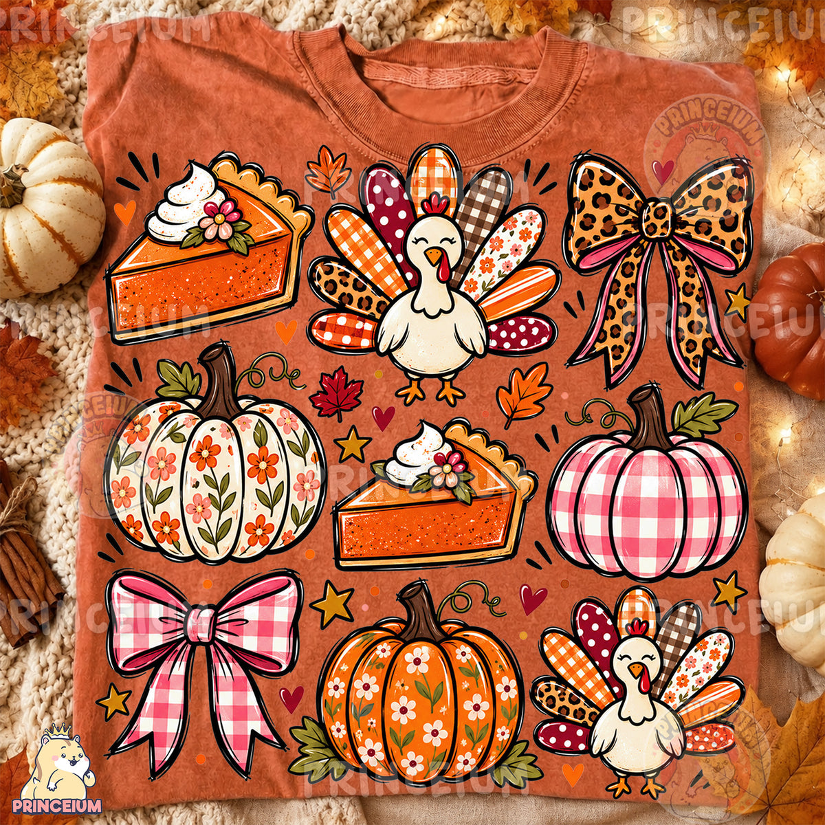 Thanksgiving Turkey & Pumpkin PNG Preppy Bows and Pie Design