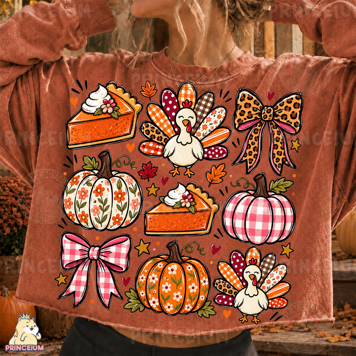 Thanksgiving Turkey & Pumpkin PNG Preppy Bows and Pie Design