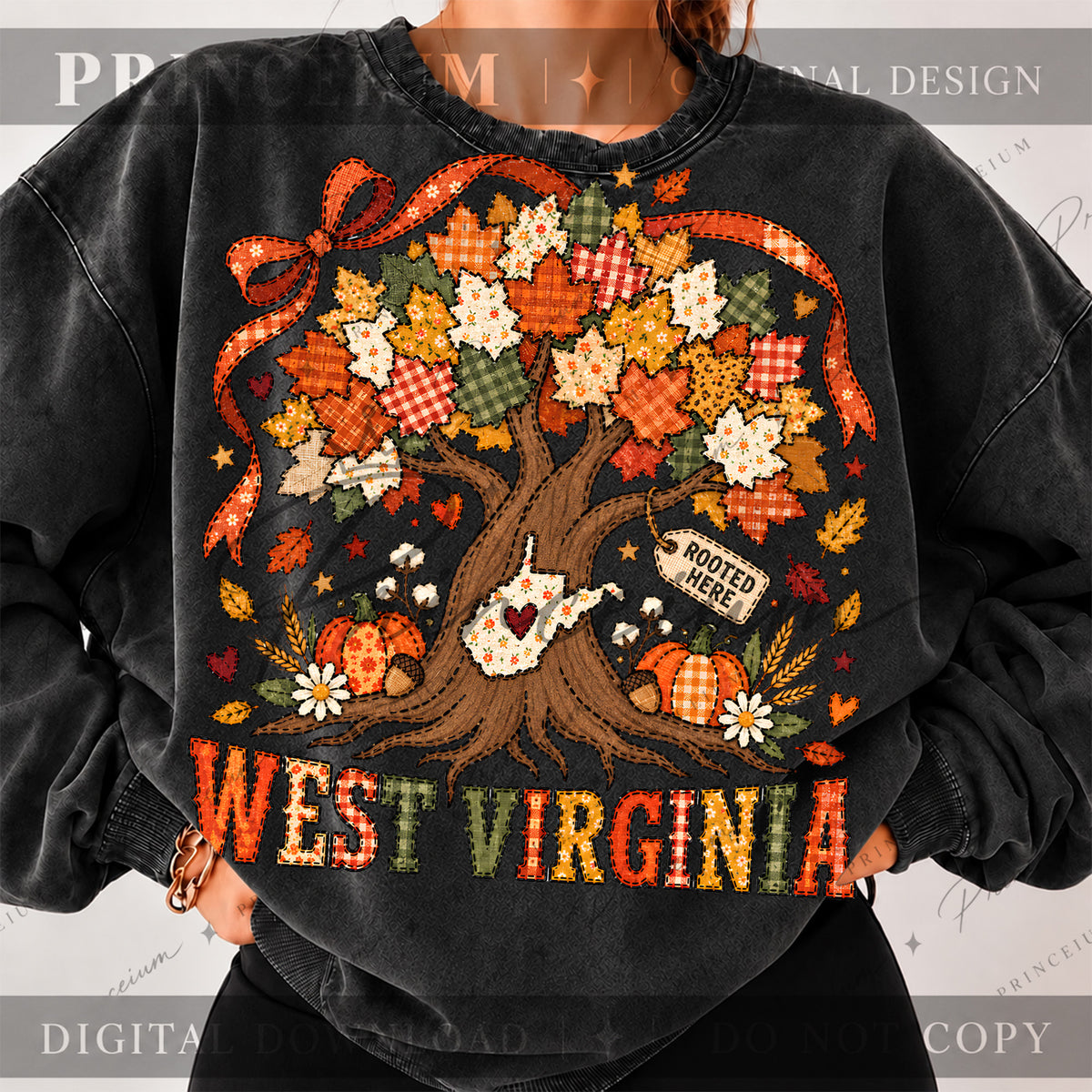 West Virginia Rooted Here PNG Patchwork Autumn Tree Design