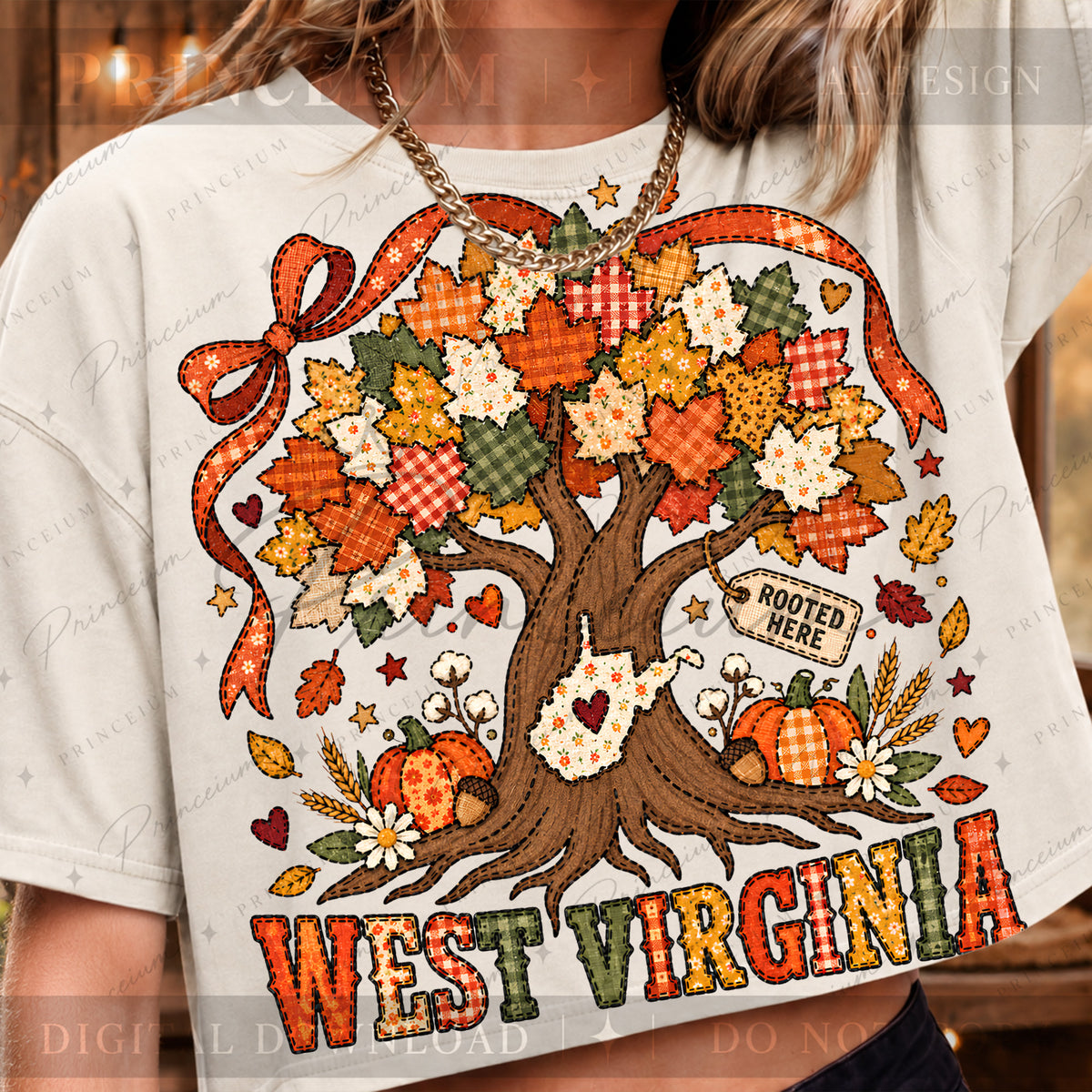 West Virginia Rooted Here PNG Patchwork Autumn Tree Design