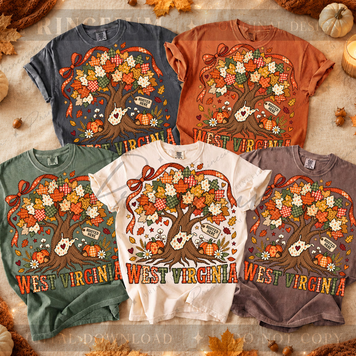 West Virginia Rooted Here PNG Patchwork Autumn Tree Design