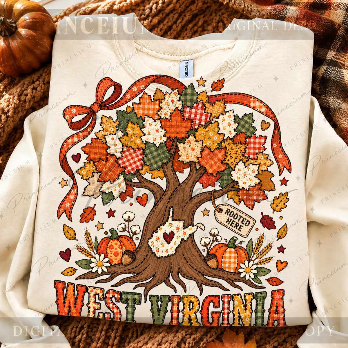 West Virginia Rooted Here PNG Patchwork Autumn Tree Design