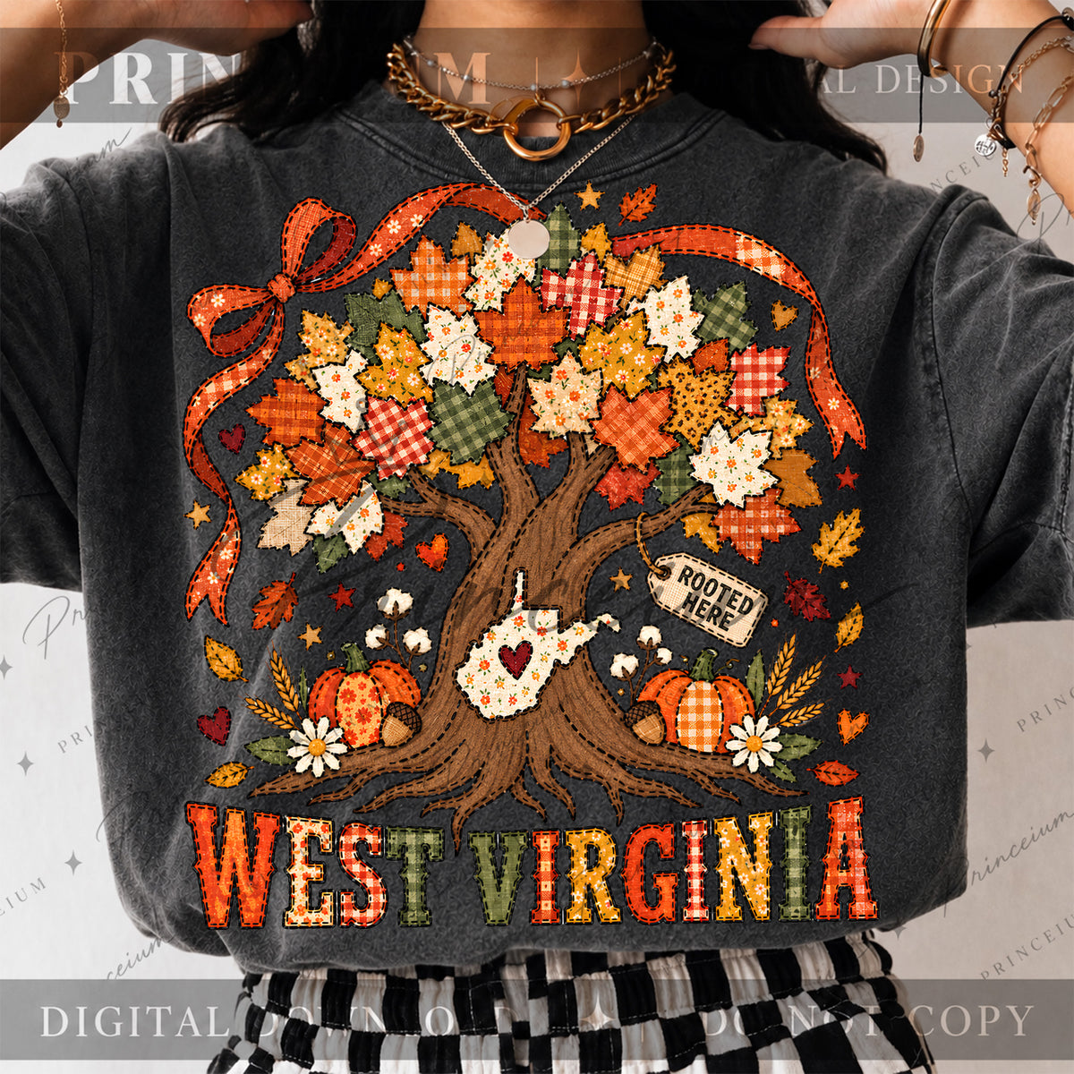West Virginia Rooted Here PNG Patchwork Autumn Tree Design