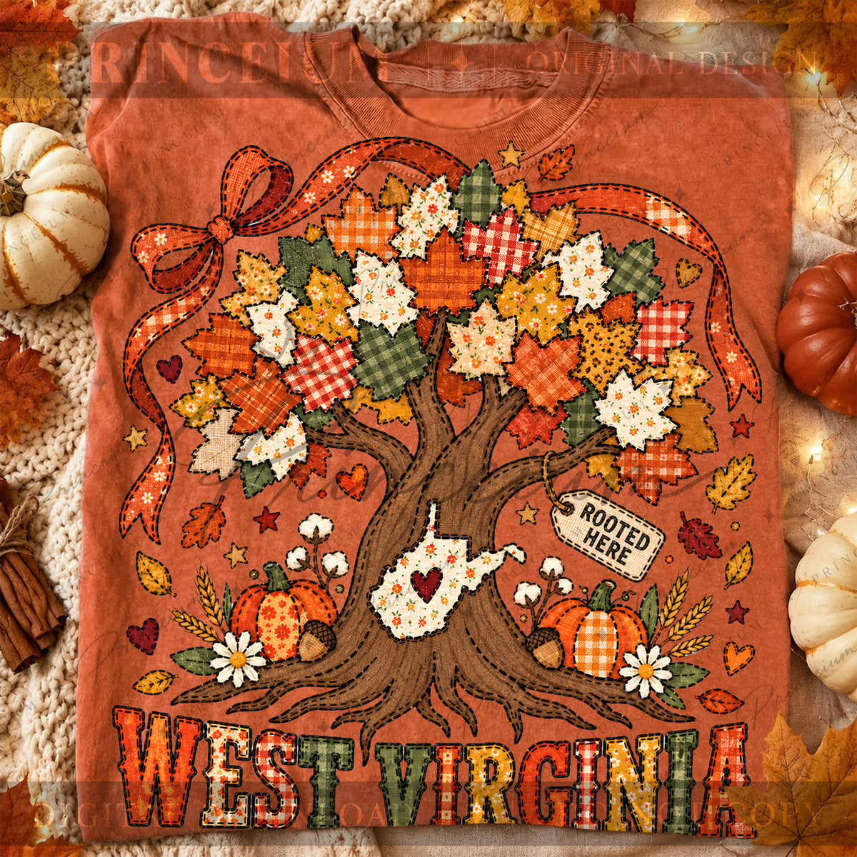West Virginia Rooted Here PNG Patchwork Autumn Tree Design
