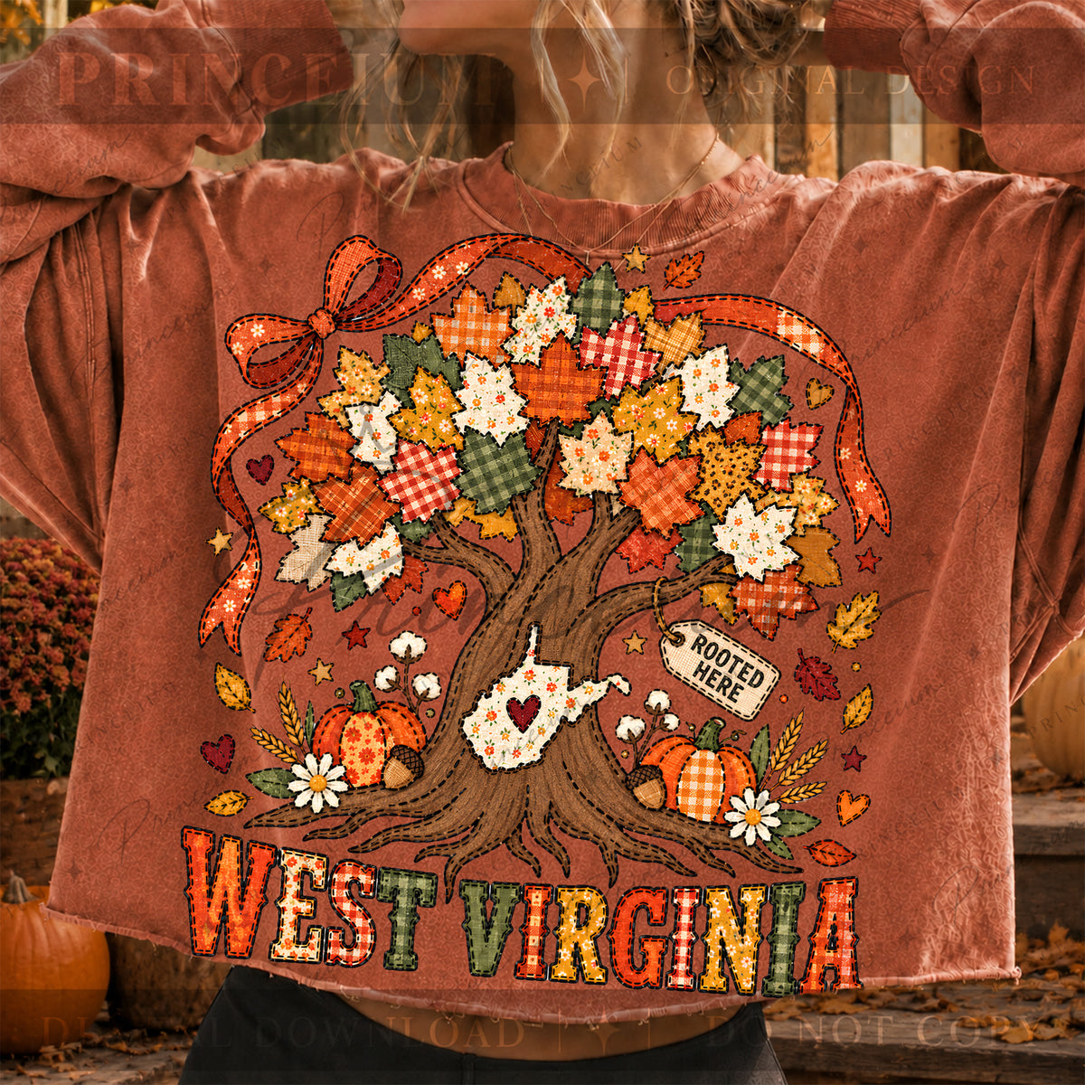 West Virginia Rooted Here PNG Patchwork Autumn Tree Design