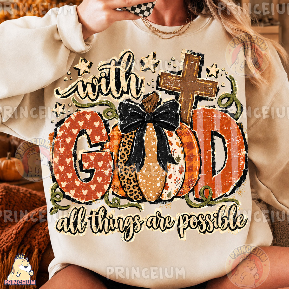 With God All Things Are Possible PNG Vintage Fall Pumpkin Christian Design