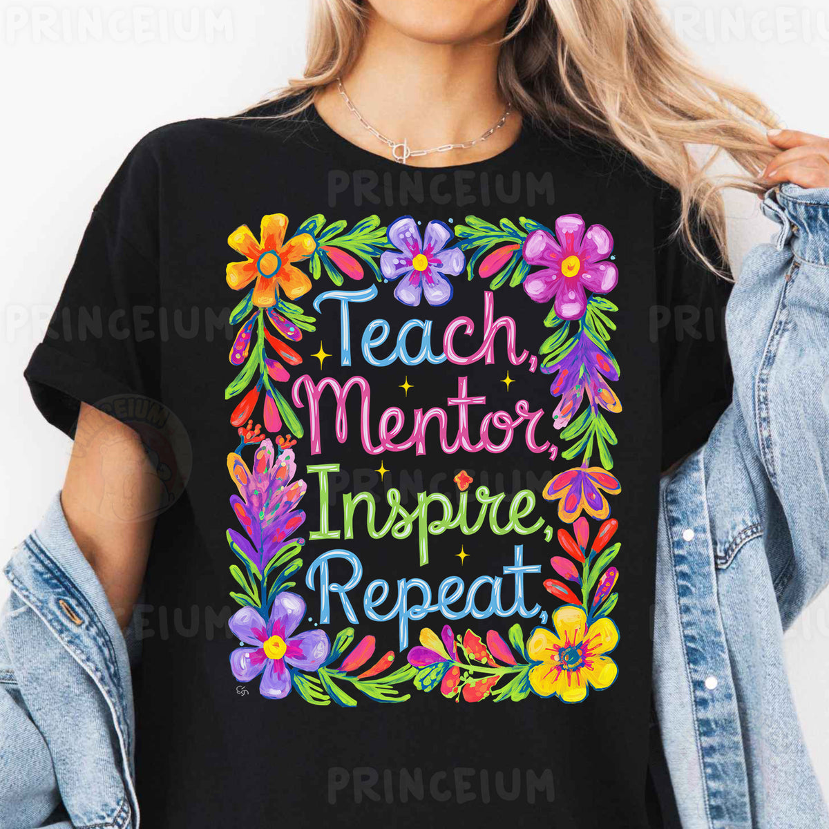a woman wearing a t - shirt that says teach mentor inspire repeat