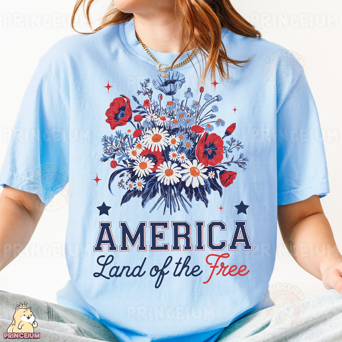 a woman wearing a blue america land of the free t - shirt