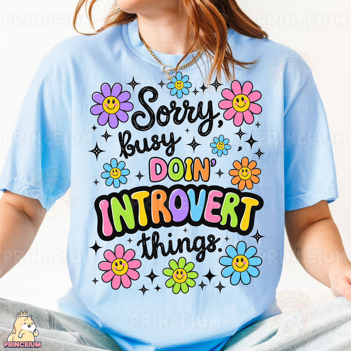 a woman wearing a t - shirt that says sorry, busy, don't
