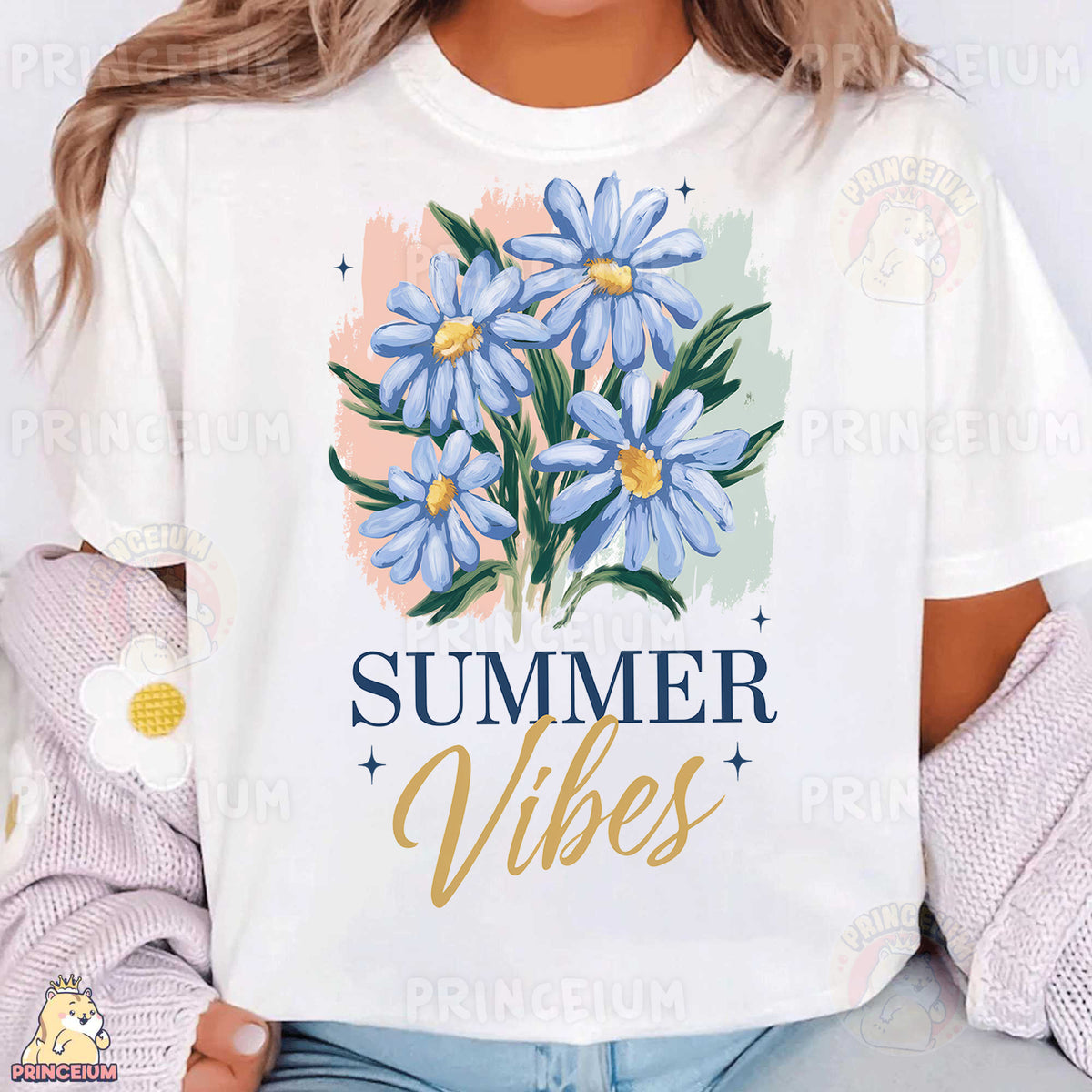 a woman wearing a t - shirt that says summer vibes