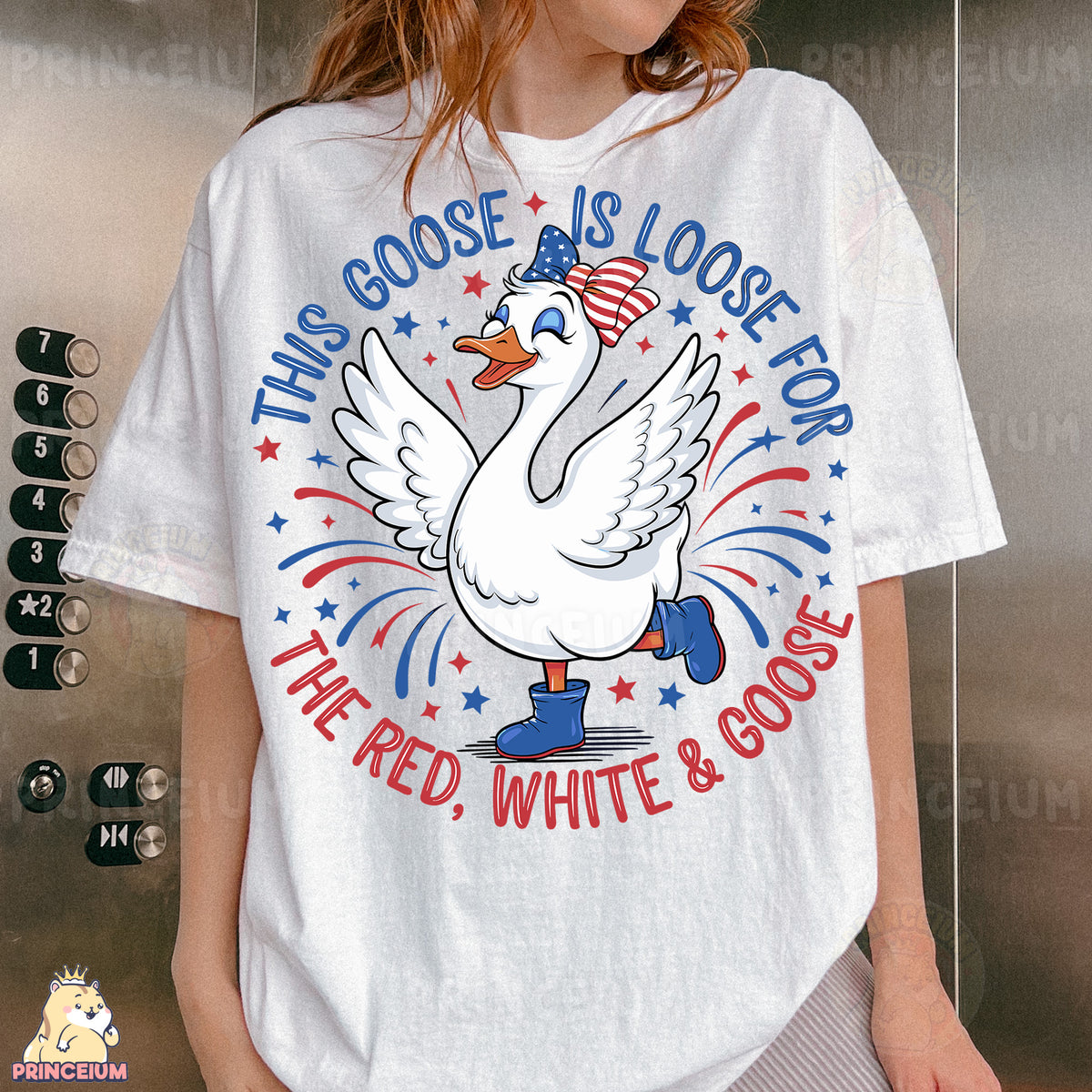 a woman wearing a goose is lost for the red white and blue shirt