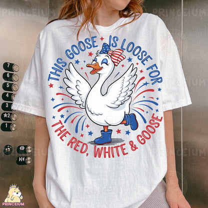 a woman wearing a goose is lost for the red white and blue shirt